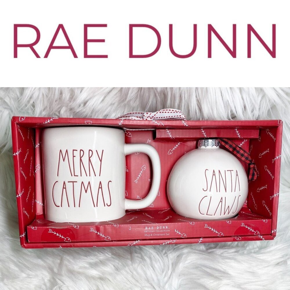 NIB RAE DUNN‎ MERRY CATMAS MUG & SANTA CLAWS ORNAMENT CERAMIC CHRISTMAS SET